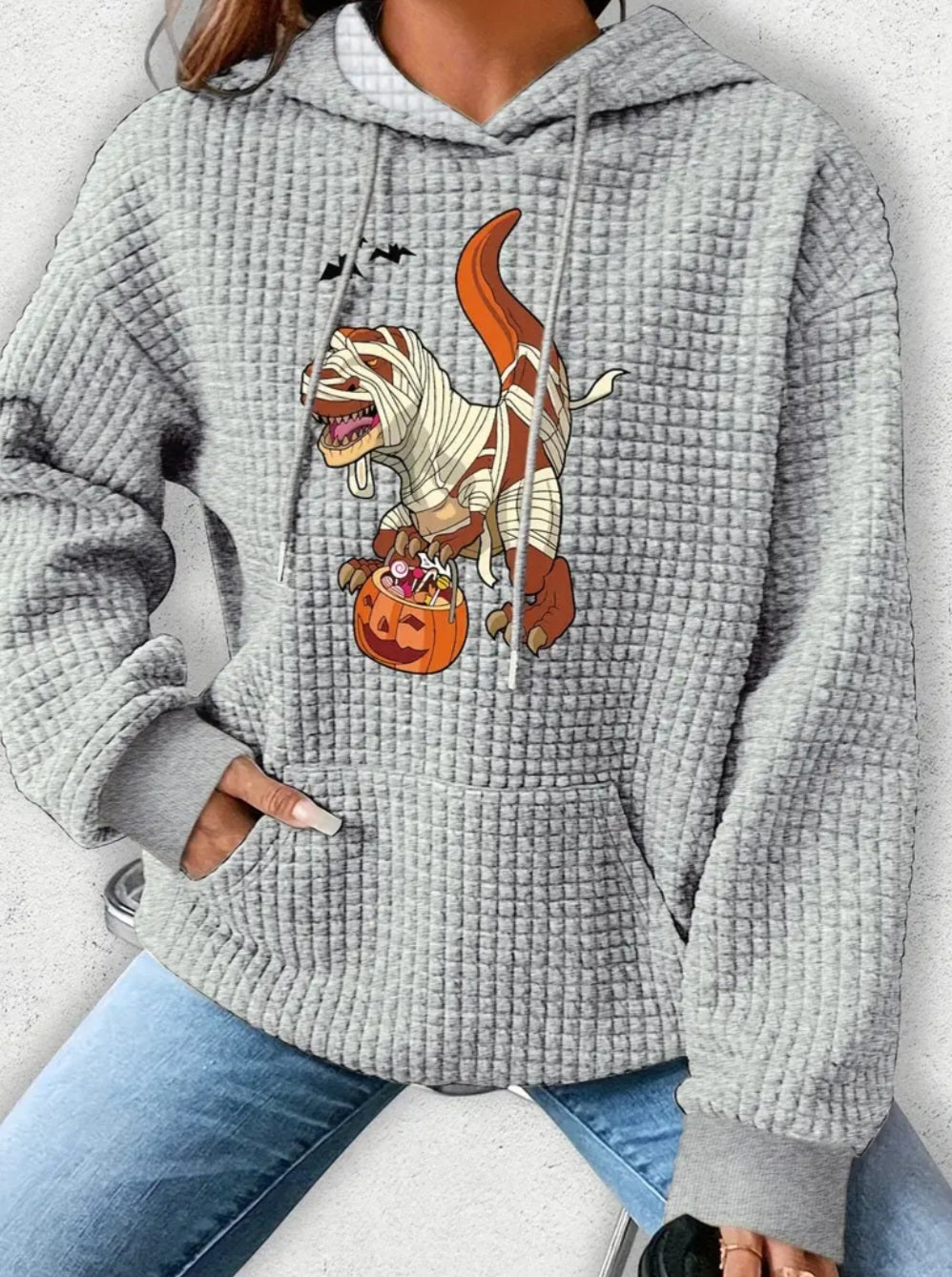 PREORDER Halloween T-Rex Mummy Trick Or Treater Knit Waffle Pullover Hooded Sweater