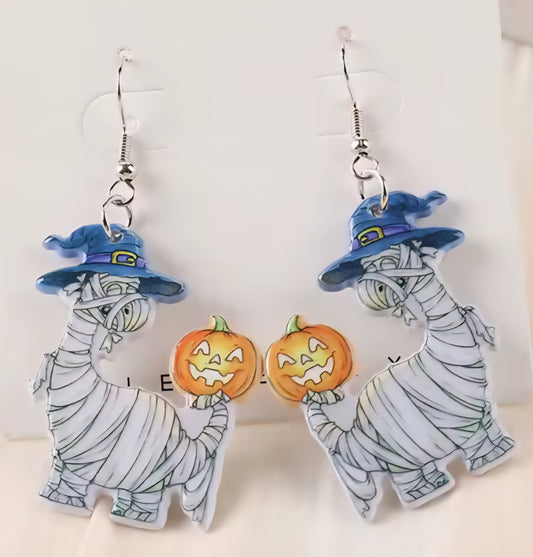PREORDER Halloween Dinosaur Mummy Acrylic Dangle Earrings