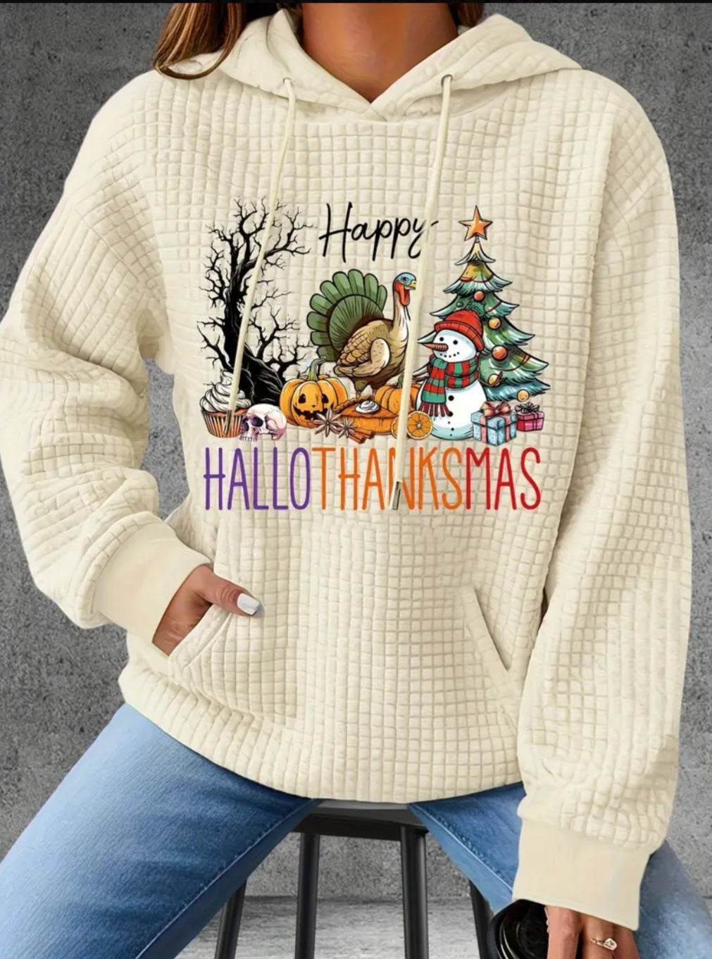 PREORDER Happy Hallothanksmas Knit Waffle Pullover Hooded Sweater