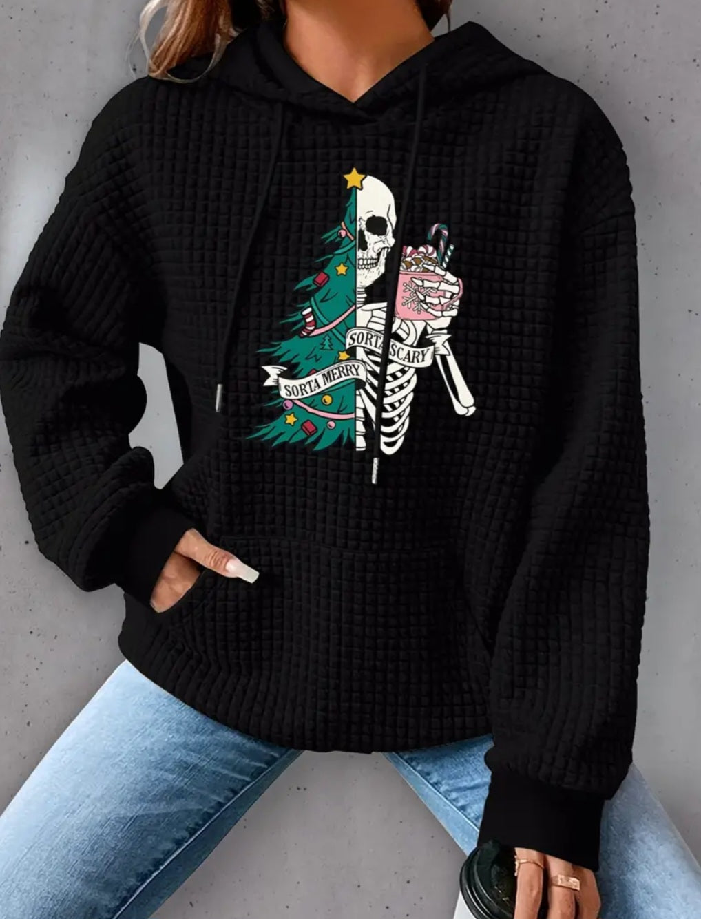 PREORDER Halloween Sorta Merry Sorta Scary Knit Waffle Pullover Hooded Sweater
