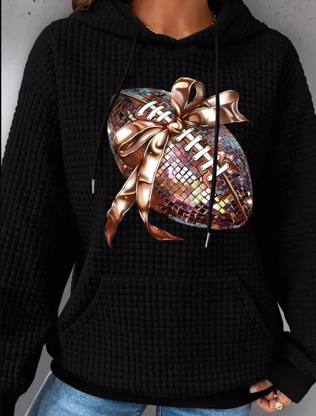 PREORDER Football Disco With A Bow Knit Waffle Pullover Hooded Sweater