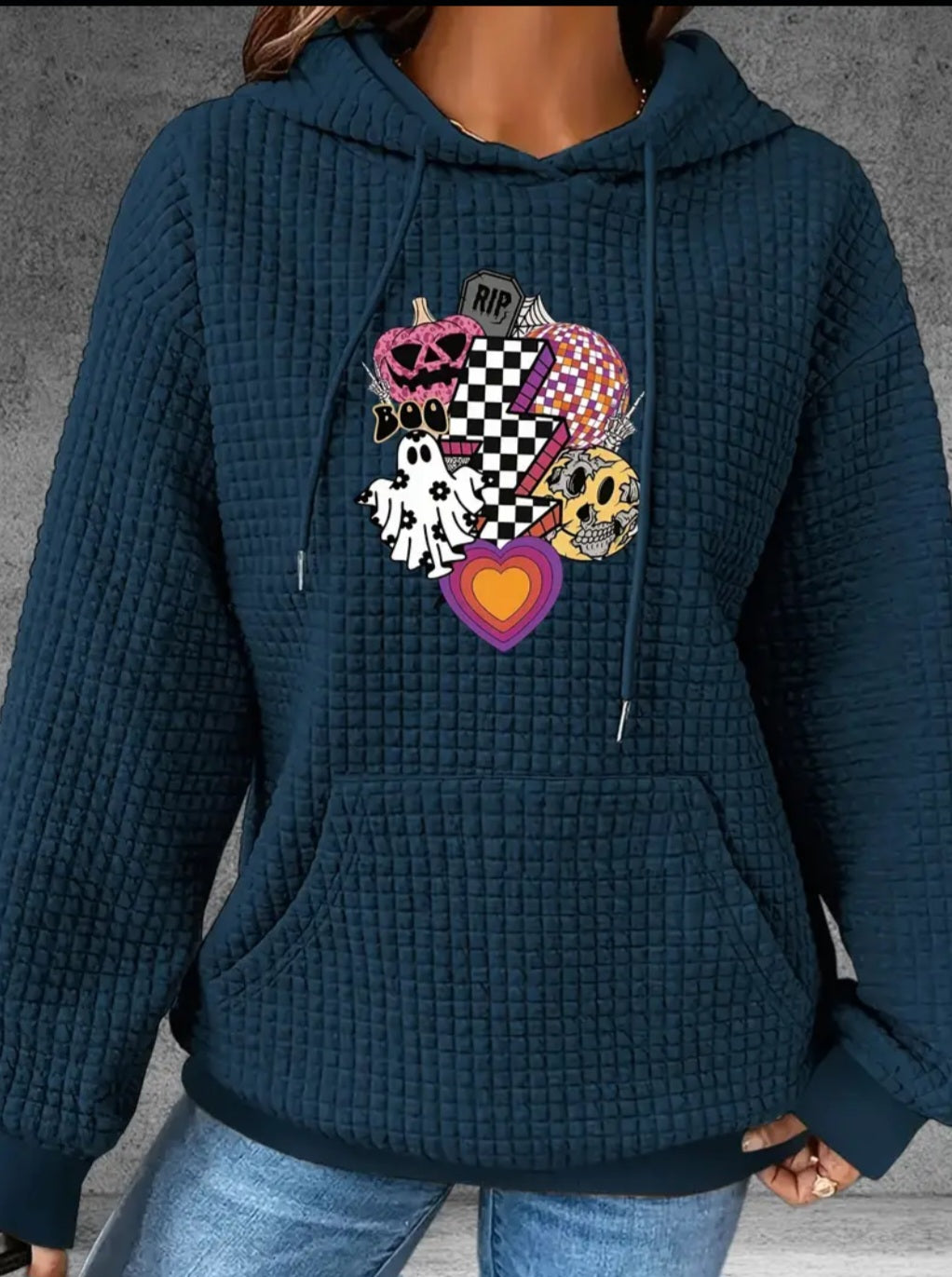 PREORDER Halloween Boo Checkered Lightning Bolt Knit Waffle Pullover Hooded Sweater