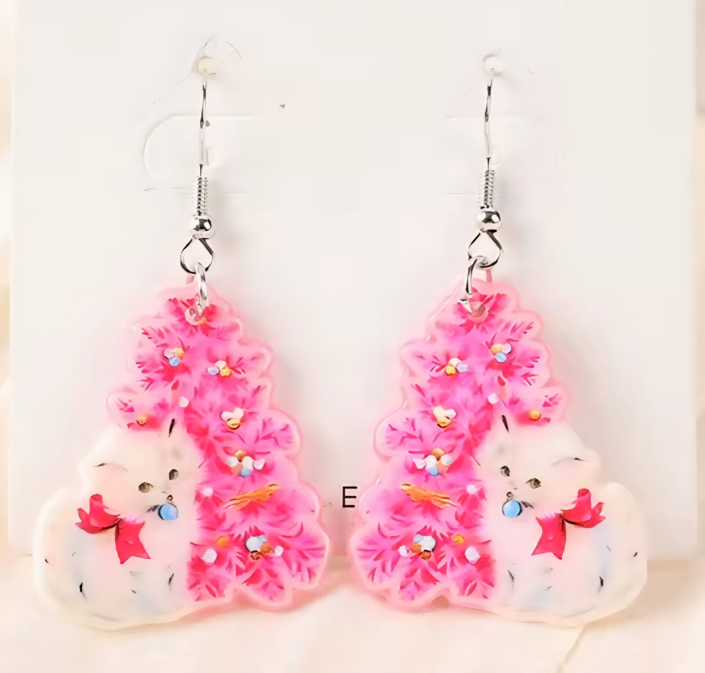 PREORDER Christmas Pink Tree & White Cat Acrylic Dangle Earrings