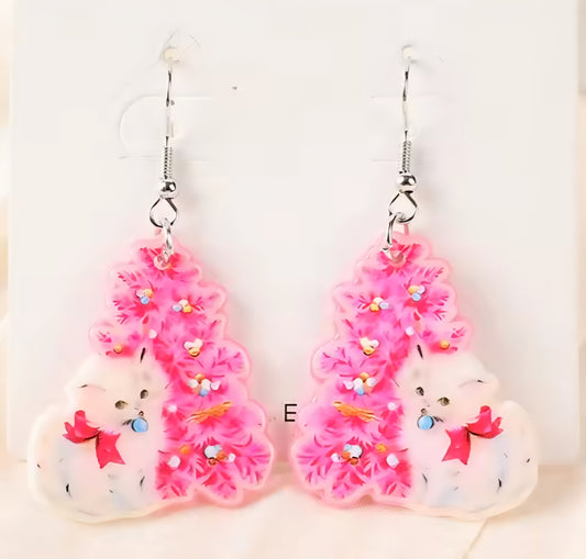 PREORDER Christmas Pink Tree & White Cat Acrylic Dangle Earrings