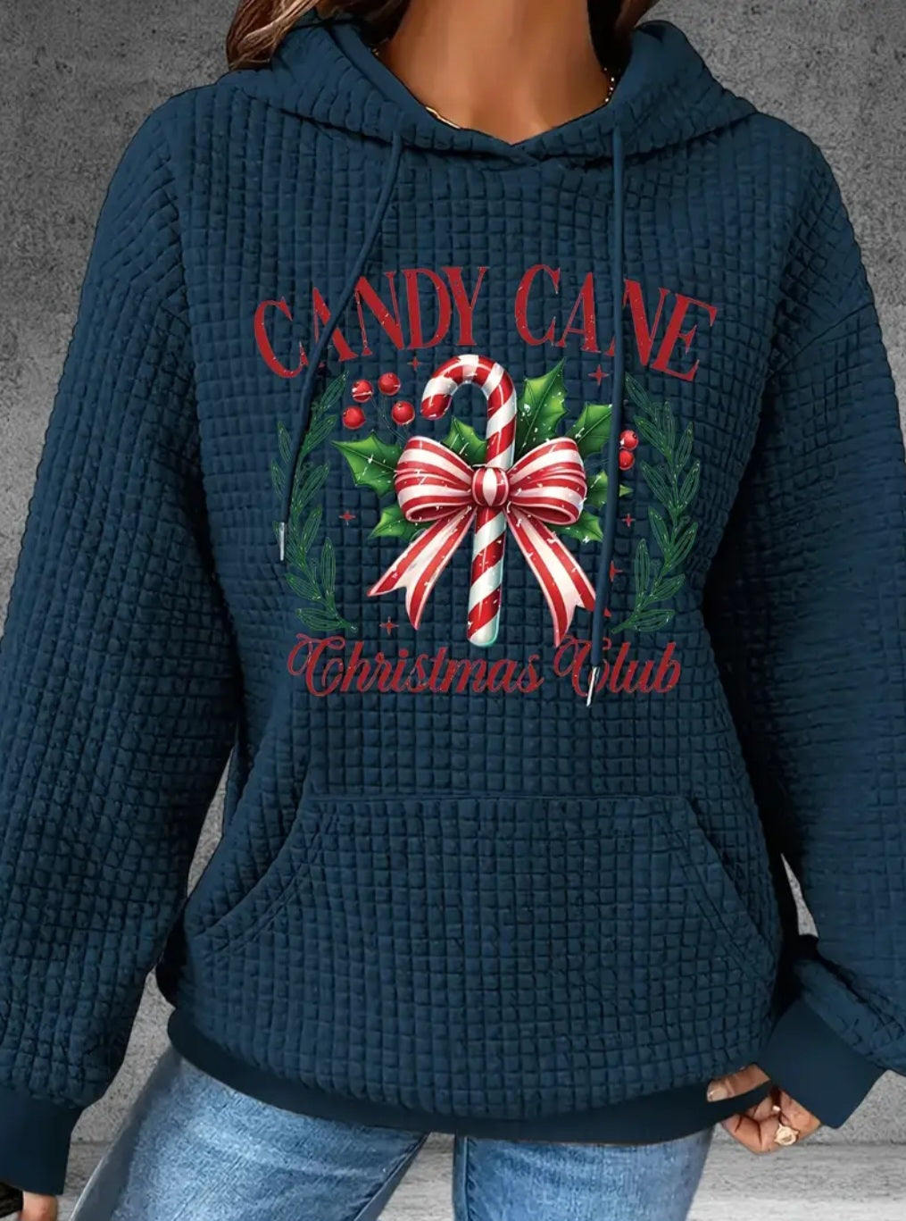 PREORDER Christmas Cane Christmas Club Knit Waffle Pullover Hooded Sweater