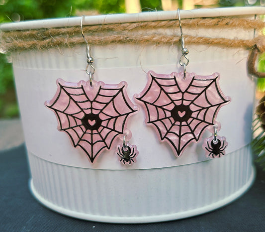 HALLOWEEN Spider & Web Heart Acrylic Dangle Earrings