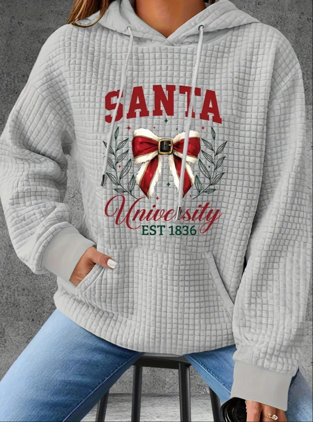 PREORDER Christmas Santa University Knit Waffle Pullover Hooded Sweater