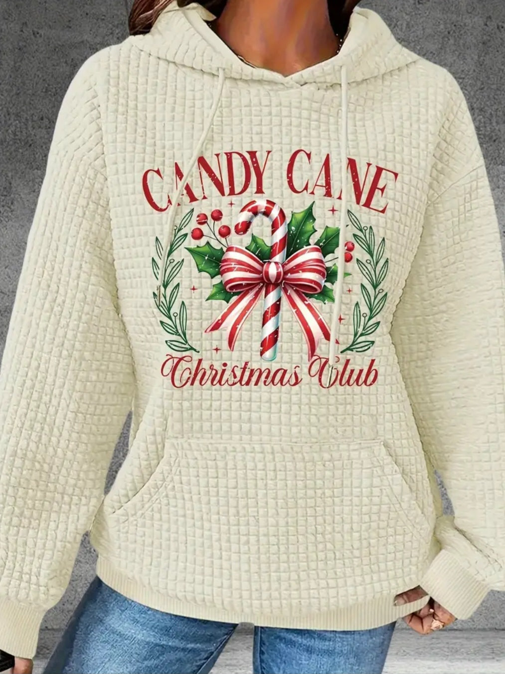 PREORDER Christmas Cane Christmas Club Knit Waffle Pullover Hooded Sweater