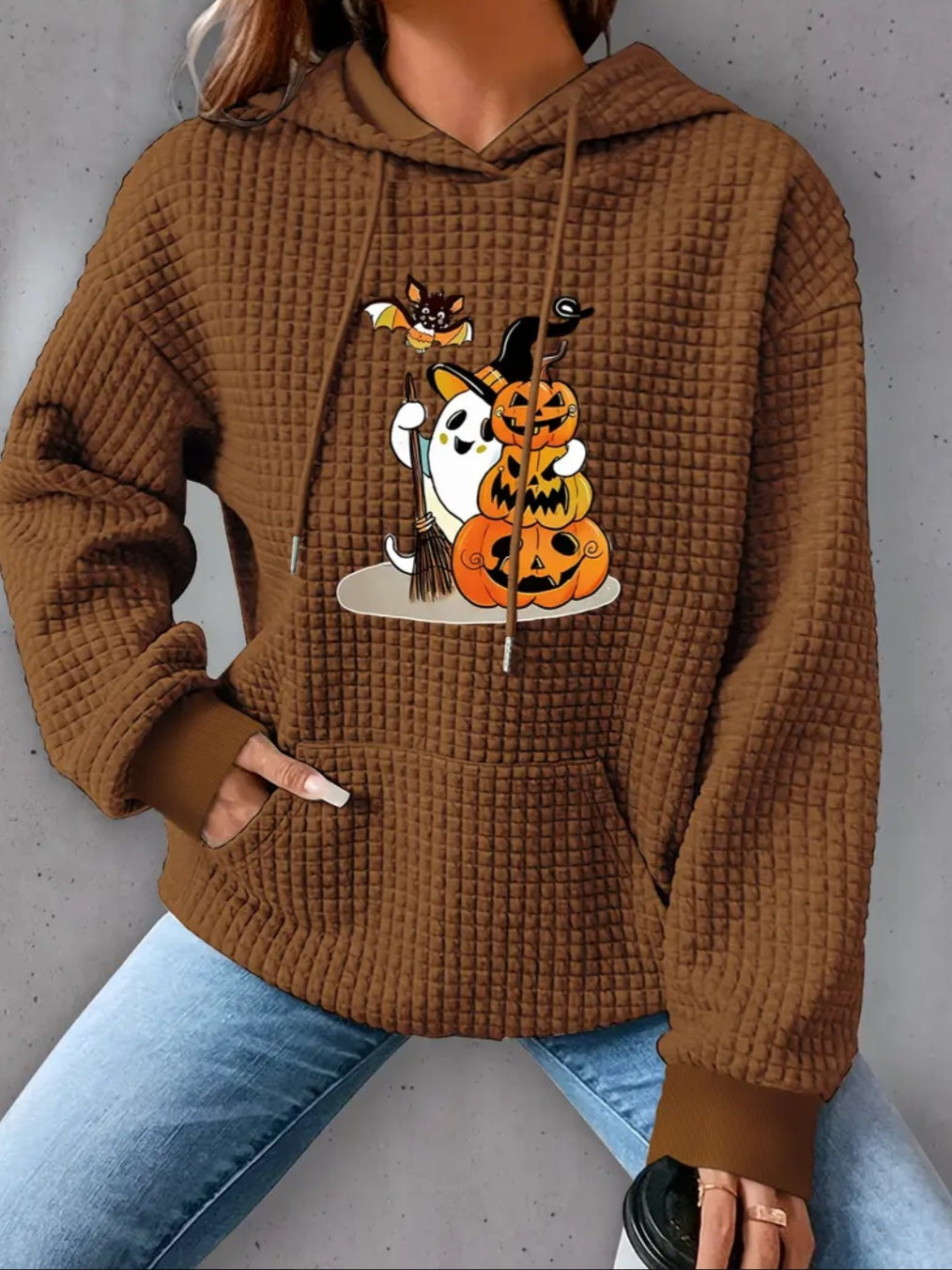 PREORDER Halloween Jack O Lantern Witch Ghost Knit Waffle Pullover Hooded Sweater