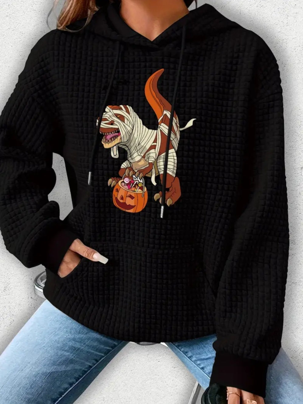 PREORDER Halloween T-Rex Mummy Trick Or Treater Knit Waffle Pullover Hooded Sweater