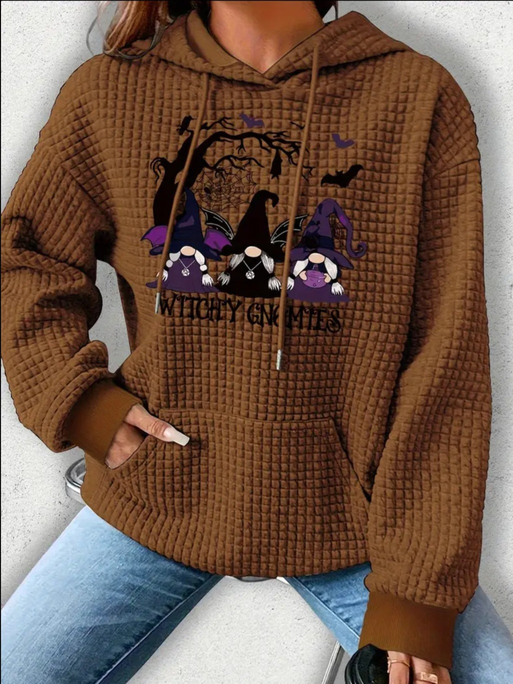 PREORDER Halloween 100% Witchy Gnome Knit Waffle Pullover Hooded Sweater