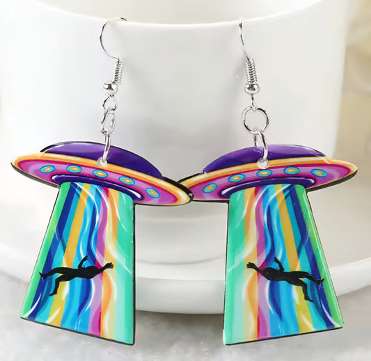 PREORDER Halloween Levitating Into Alien Ship Acrylic Dangle Earrings