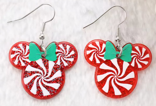 PREORDER Christmas Red Peppermint Mouse Head Acrylic Dangle Earrings