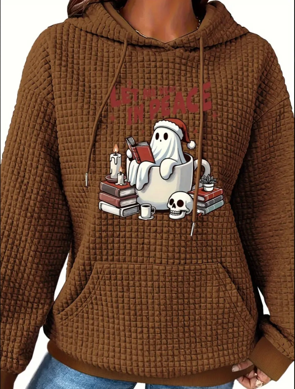 PREORDER Halloween Let Me Read In Peace Knit Waffle Pullover Hooded Sweater