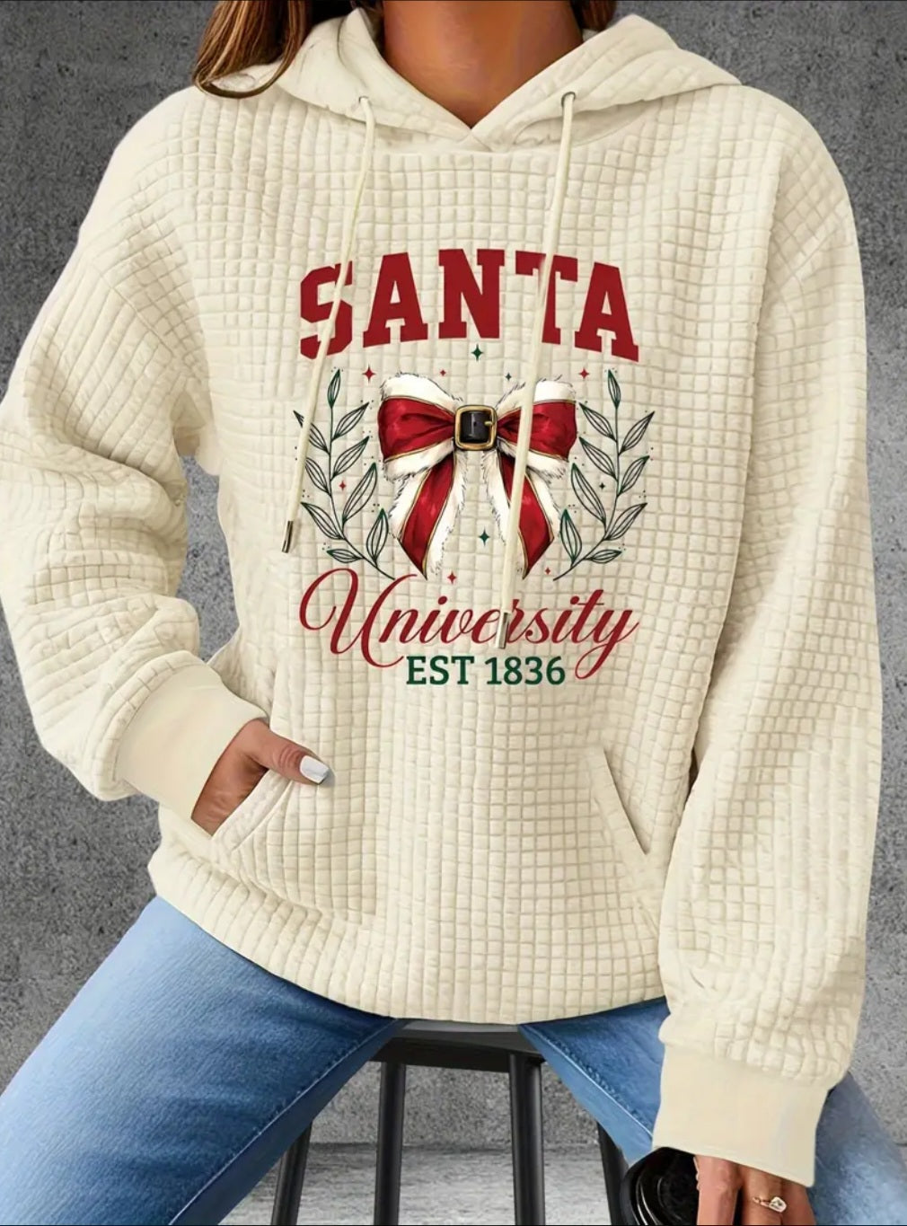 PREORDER Christmas Santa University Knit Waffle Pullover Hooded Sweater