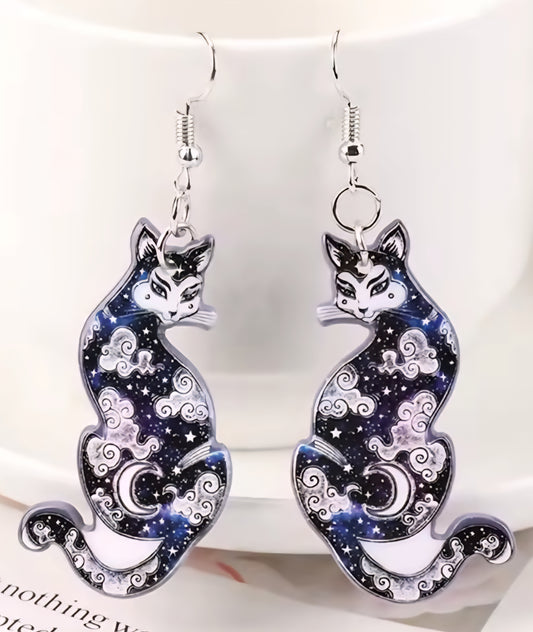 PREORDER Halloween Galaxy Cat Acrylic Dangle Earrings