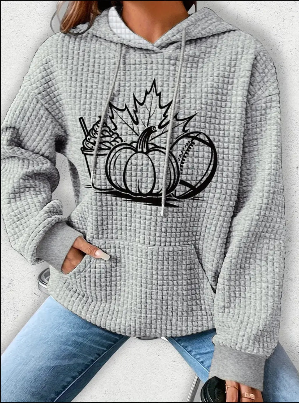 PREORDER Halloween Pumpkin Spice & Football Knit Waffle Pullover Hooded Sweater