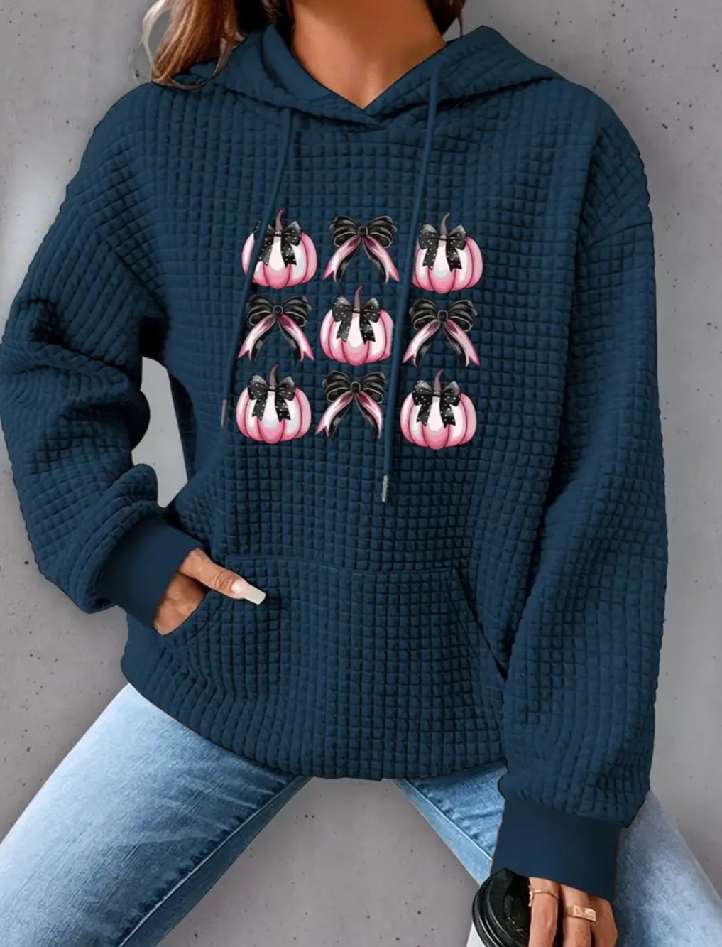PREORDER Halloween Pink Pumpkin & Bows Knit Waffle Pullover Hooded Sweater