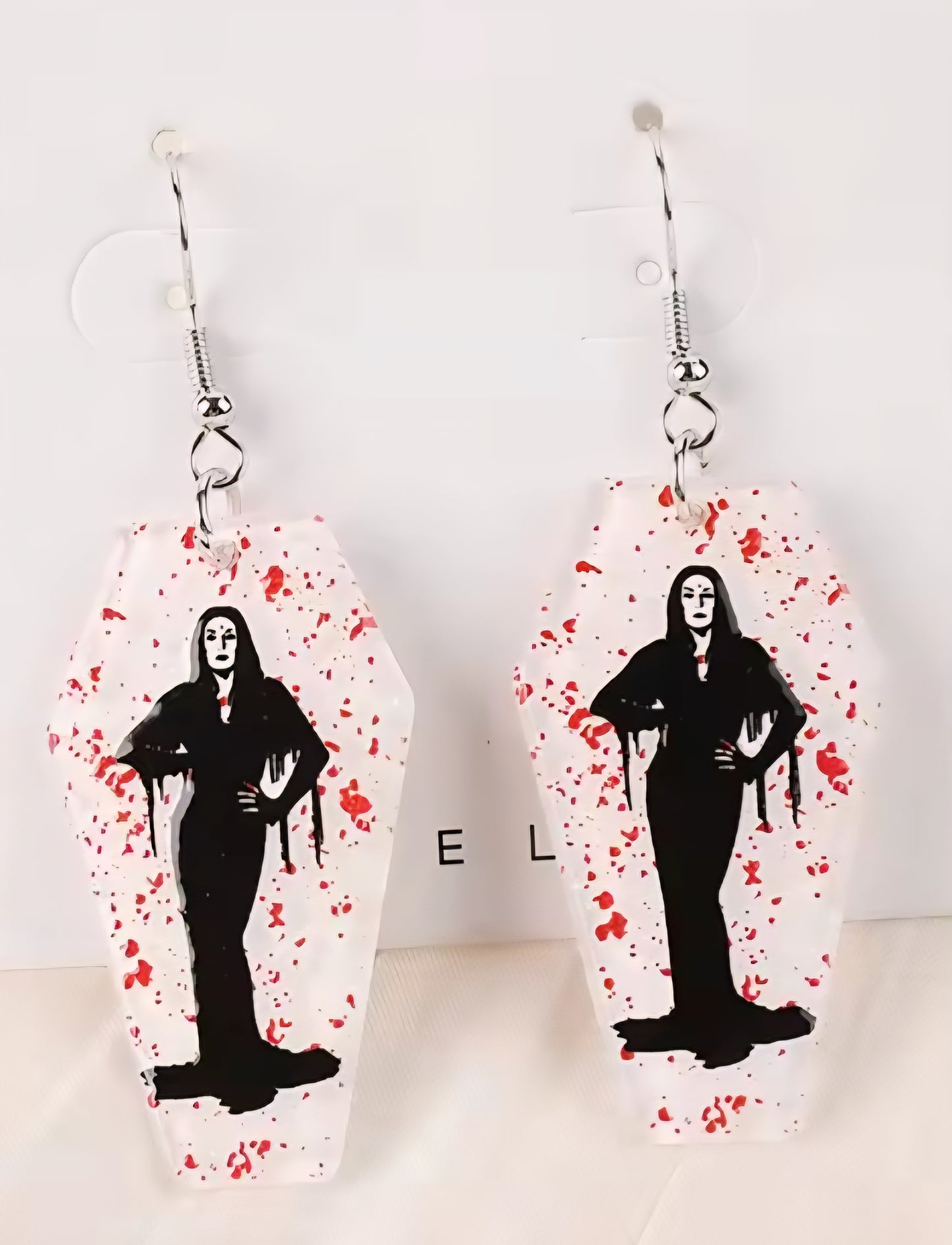PREORDER Halloween Morticia Blood Splatter Coffin Acrylic Dangle Earrings