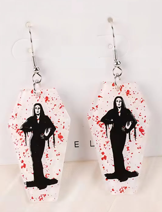PREORDER Halloween Morticia Blood Splatter Coffin Acrylic Dangle Earrings