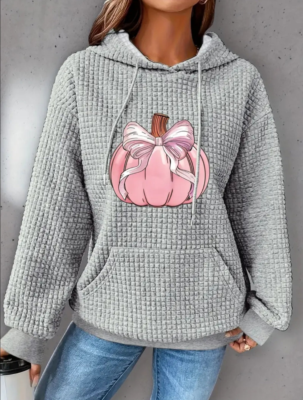 PREORDER Halloween Pink Bow Pumpkin Knit Waffle Pullover Hooded Sweater