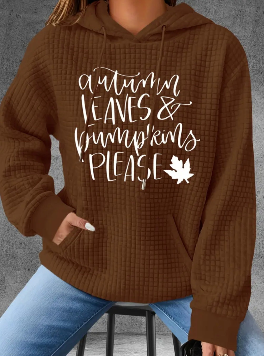 PREORDER Halloween Autumn Leaves & Pumpkins Please Knit Waffle Pullover Hooded Sweater