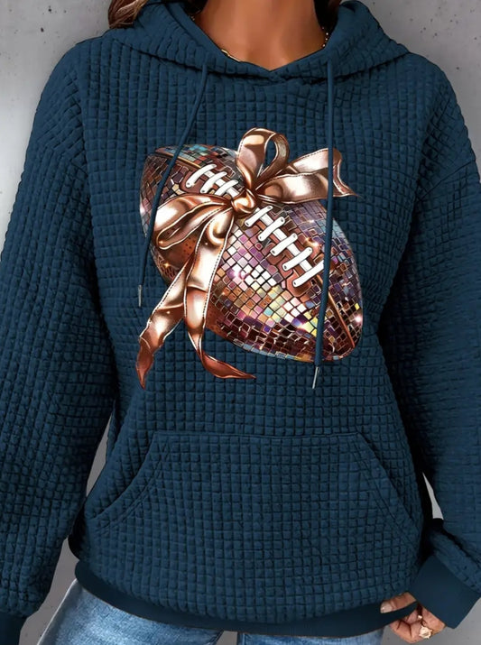 PREORDER Football Disco With A Bow Knit Waffle Pullover Hooded Sweater