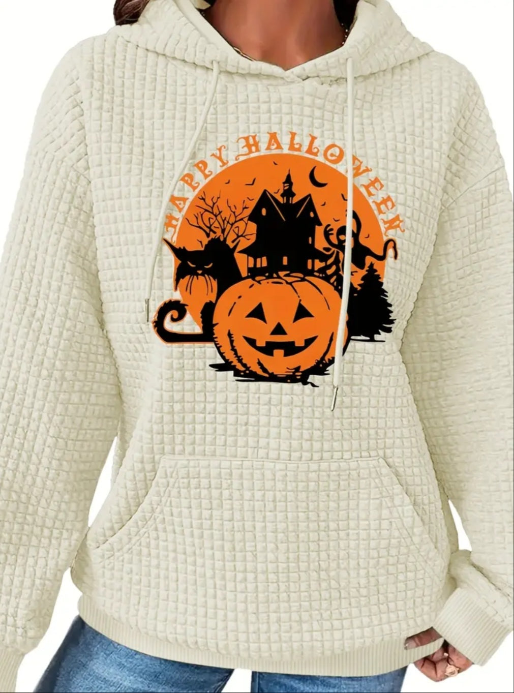 PREORDER Happy Halloween Knit Waffle Pullover Hooded Sweater