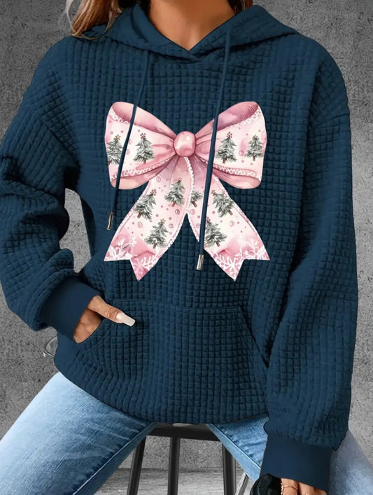 PREORDER Christmas Tree Bow Knit Waffle Pullover Hooded Sweater