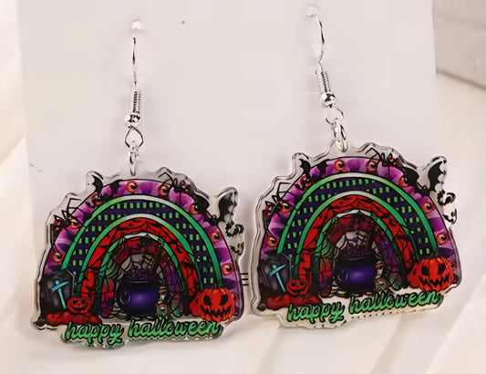 PREORDER Happy Halloween Rainbow Acrylic Dangle Earrings