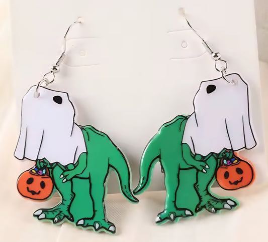 PREORDER Halloween T Rex Ghost Acrylic Dangle Earrings