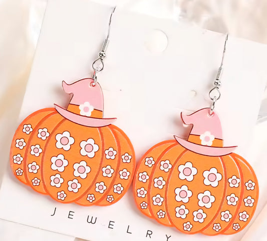 PREORDER Halloween Flowers Jack O Lantern Acrylic Dangle Earrings