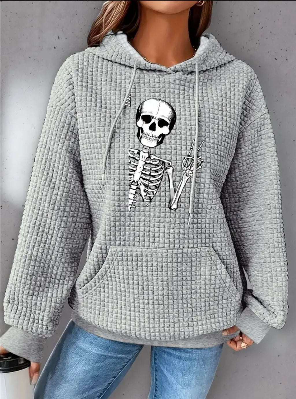 PREORDER Halloween Peace Skeleton Knit Waffle Pullover Hooded Sweater