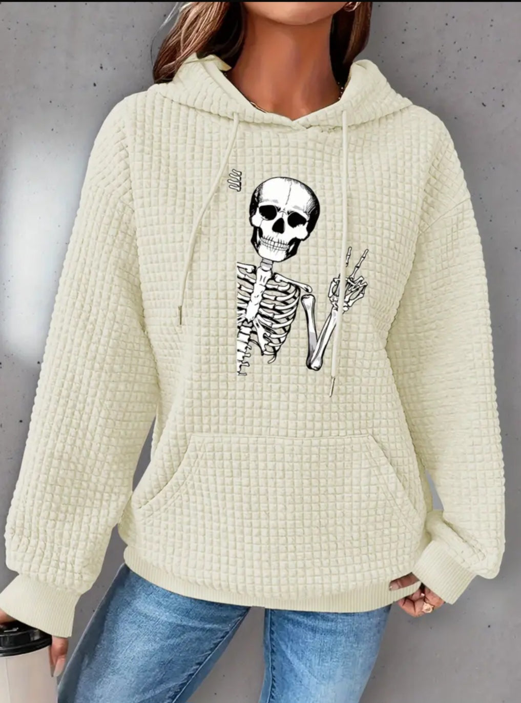 PREORDER Halloween Peace Skeleton Knit Waffle Pullover Hooded Sweater