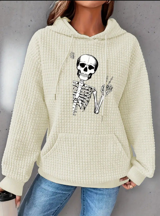 PREORDER Halloween Peace Skeleton Knit Waffle Pullover Hooded Sweater