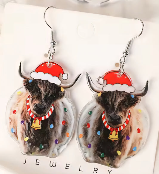 PREORDER Christmas Real  Highlander Cow Acrylic Dangle Earrings