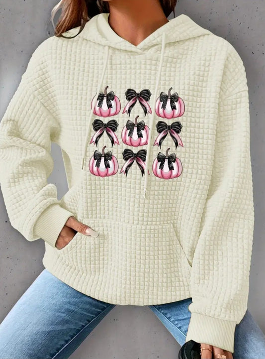 PREORDER Halloween Pink Pumpkin & Bows Knit Waffle Pullover Hooded Sweater