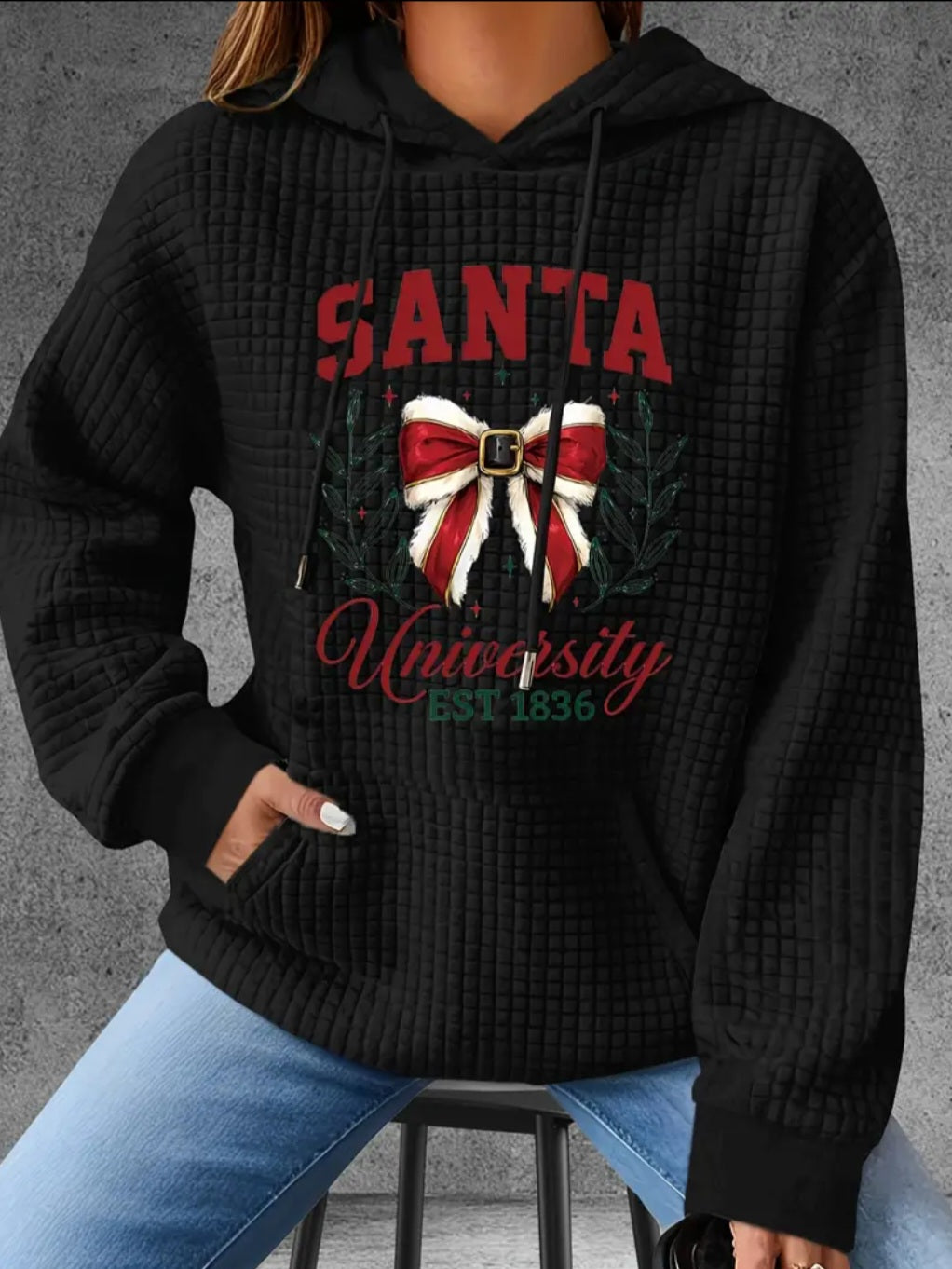 PREORDER Christmas Santa University Knit Waffle Pullover Hooded Sweater