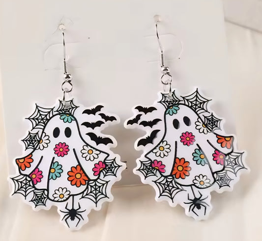 PREORDER Halloween 70s Floral Ghost Acrylic Dangle Earrings
