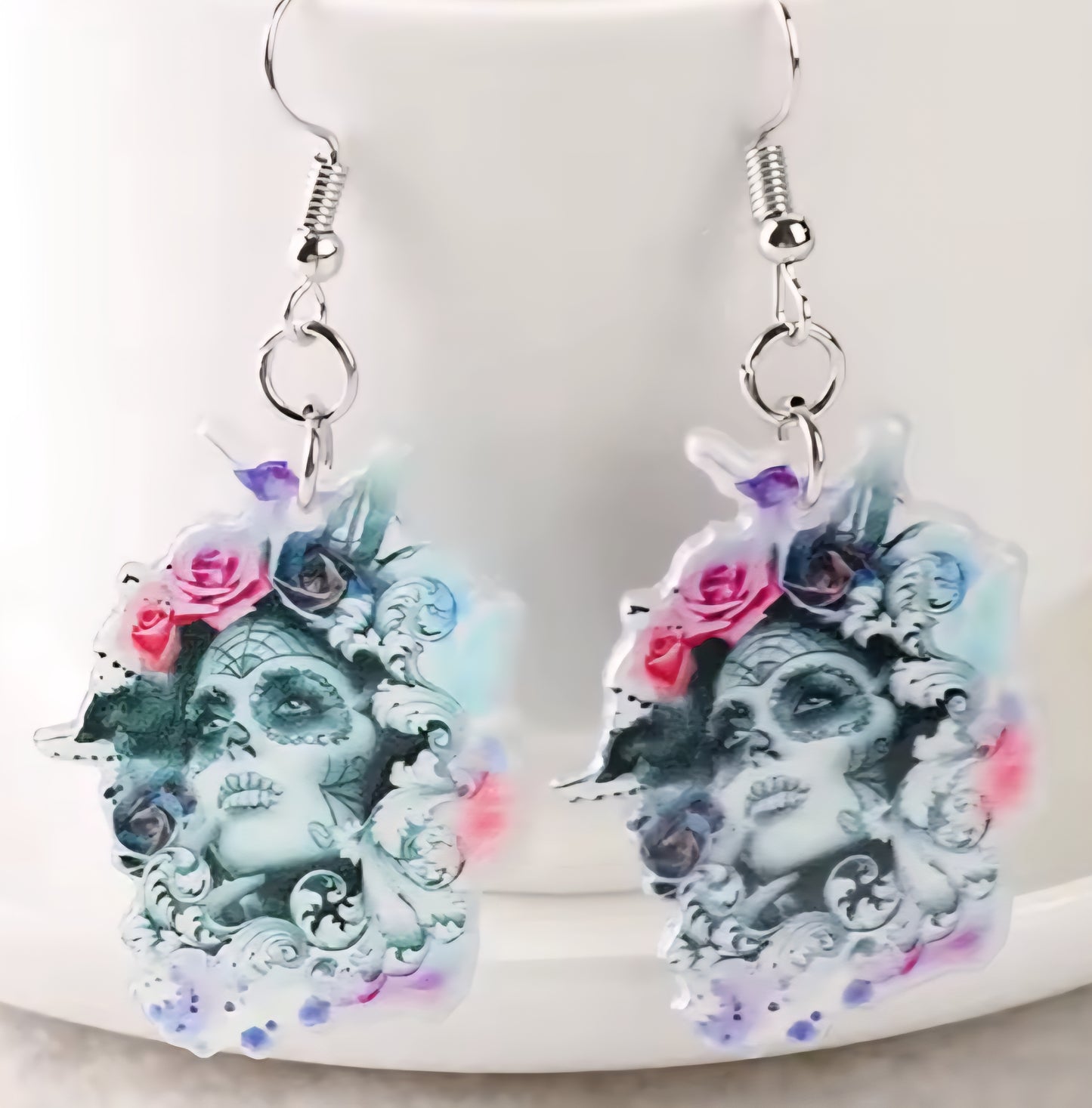 PREORDER Halloween Floral Sugar Skull Acrylic Dangle Earrings