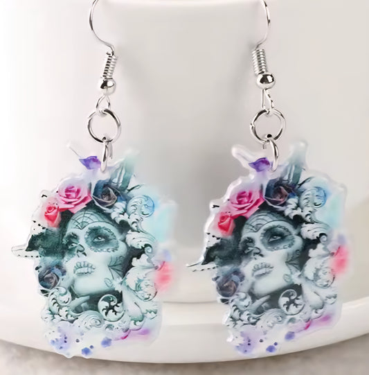 PREORDER Halloween Floral Sugar Skull Acrylic Dangle Earrings
