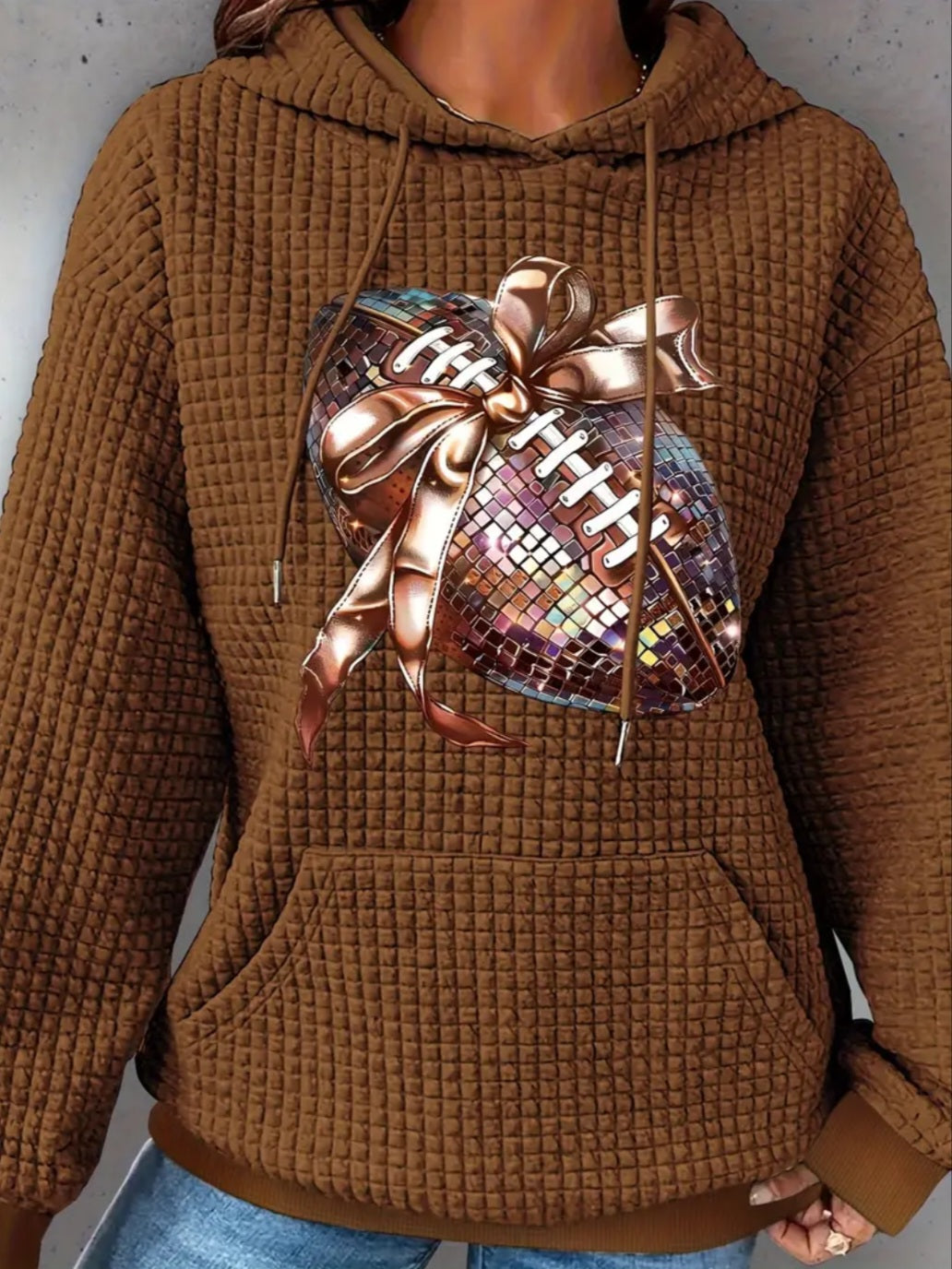 PREORDER Football Disco With A Bow Knit Waffle Pullover Hooded Sweater
