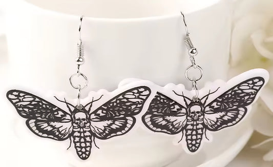 PREORDER Halloween Skeleton White Moth Acrylic Dangle Earrings