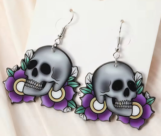 PREORDER Halloween Floral Skull Acrylic Dangle Earrings