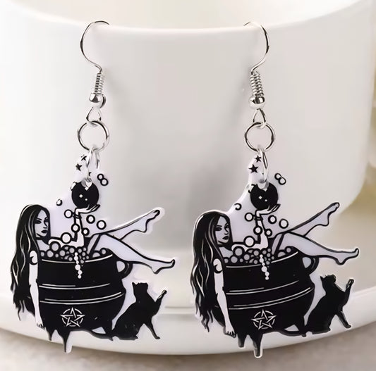 PREORDER Halloween Witch Cauldron Bubble Bath Acrylic Dangle Earrings