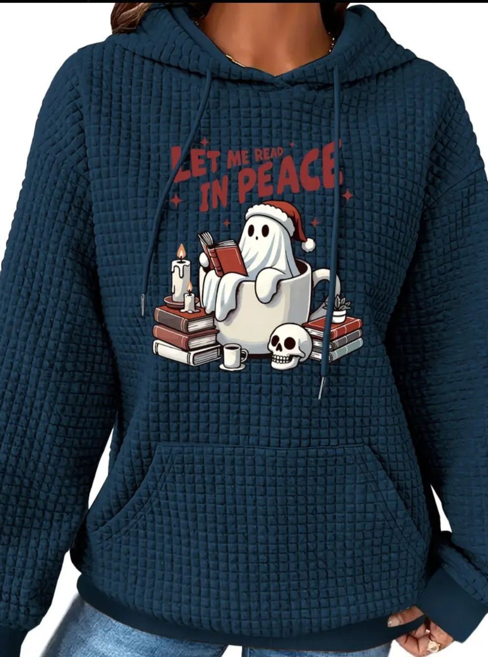 PREORDER Halloween Let Me Read In Peace Knit Waffle Pullover Hooded Sweater