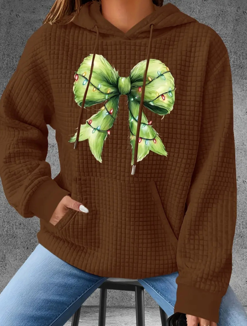 PREORDER Christmas Mean One Bow Knit Waffle Pullover Hooded Sweater
