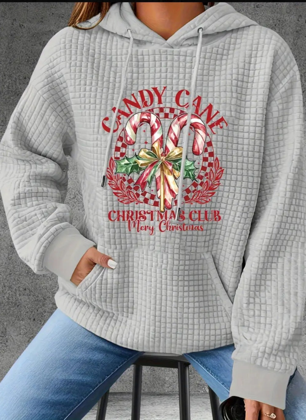 PREORDER Christmas Candy Cane Christmas Club Knit Waffle Pullover Hooded Sweater