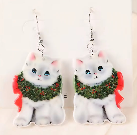 PREORDER Christmas Wreath & White Cat Acrylic Dangle Earrings