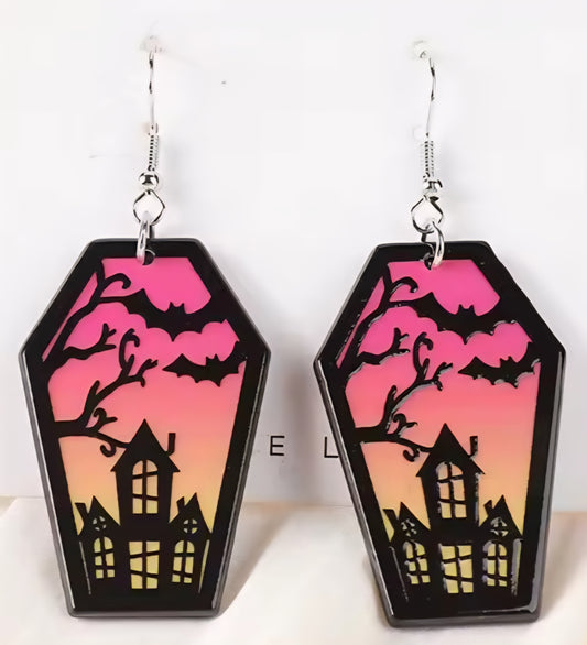 PREORDER Halloween Haunted House Coffin Ombre Acrylic Dangle Earrings